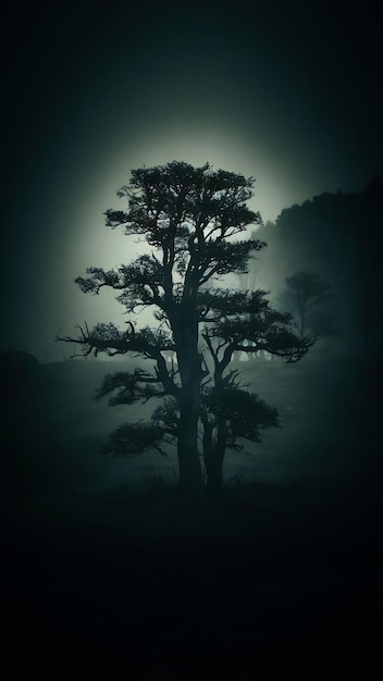 Photo tree silhouette in fog on dark landscape terrn