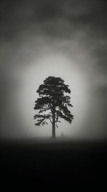 Photo tree silhouette in fog on dark landscape terrn