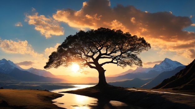 Tree silhouette and mountain with a nice sky