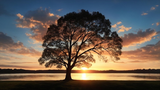 Tree silhouette and sunset river with a nice sky