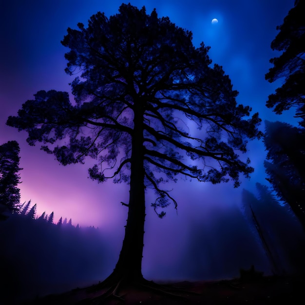 Photo tree silhouetted against a dark forest sky