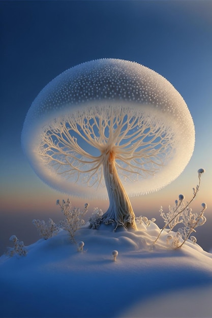 Tree sitting on top of a snow covered hill generative ai