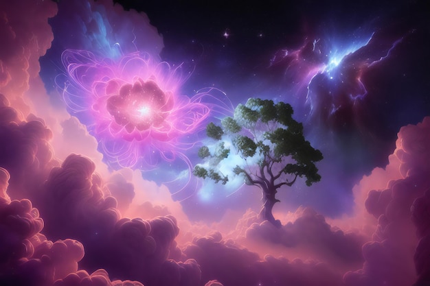 A tree in the sky with a purple and blue background