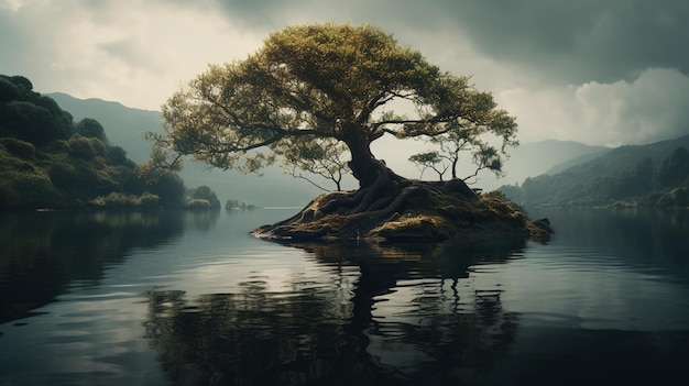 A tree on a small island in the middle of a lake