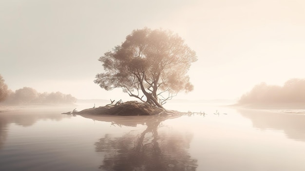 A tree on a small island with a foggy background