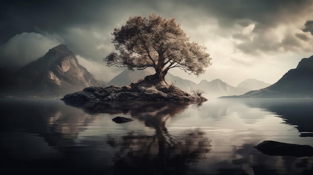 A tree on a small island with mountains in the background