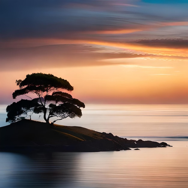 A tree on a small island with a sunset in the background