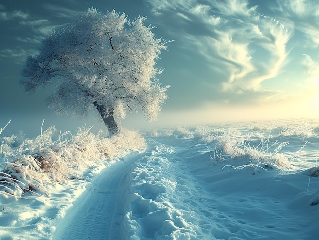 a tree in the snow with a road in the background