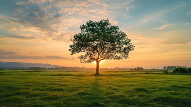 Tree stand on green field background nature wallpaper for web or banner