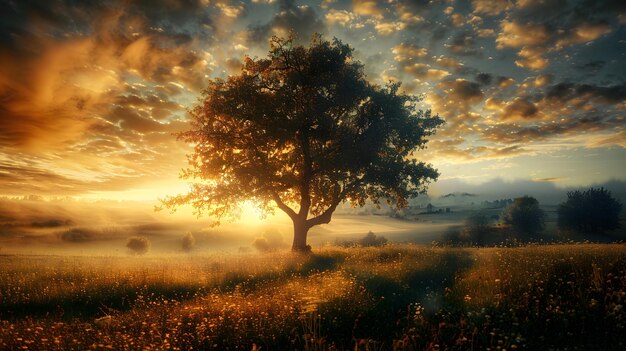 tree stands in a sunlit field at sunrise creating a serene and picturesque scene