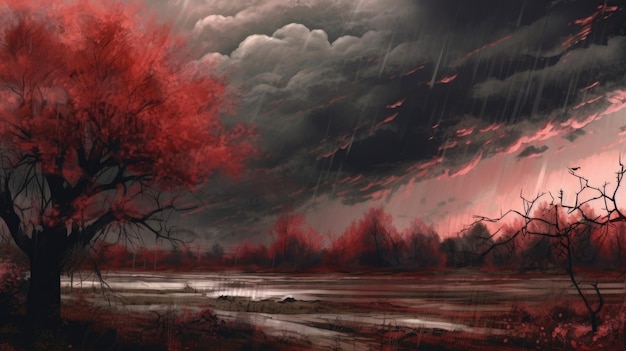 A tree in a storm with a red tree in the foreground