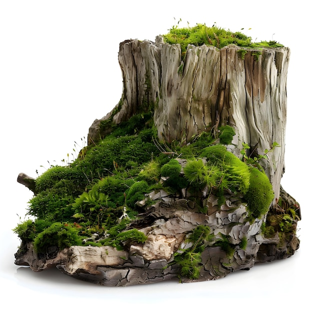 Tree stump covered with green moss on white background