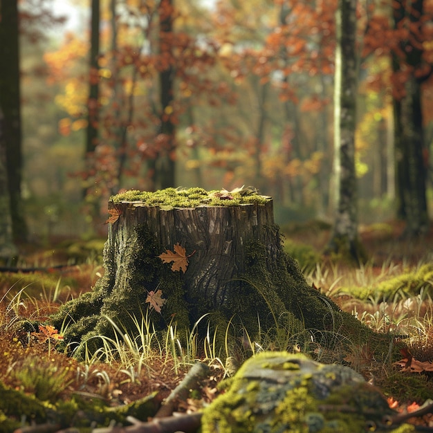 Photo tree stump covered with moss in the autumn forest