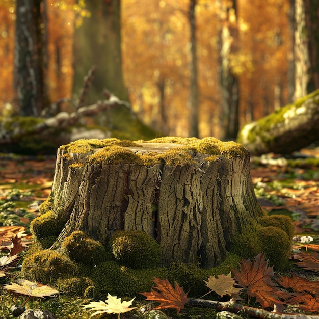 Tree stump covered with moss in the autumn forest