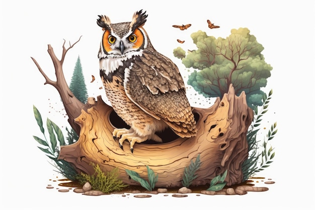 On a tree stump a Great Horned Owl keeps its equilibrium