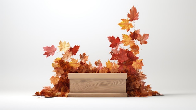 Photo tree stump podium decorated with autumn leaves fall season podium themed background studio shoots