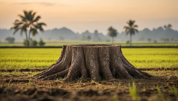 Tree stump with a blurry background of rice fields