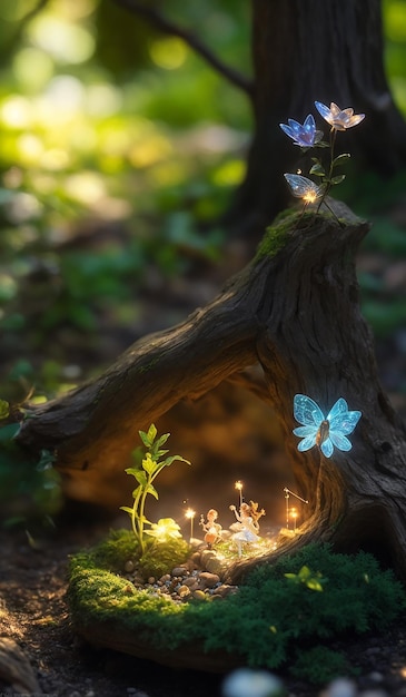 Photo a tree stump with flowers and a small blue butterfly on it