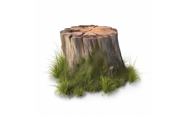 Tree stump with grass isolated on white background Generative AI