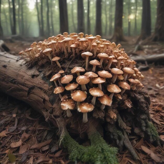 a tree stump with mushrooms growing on it and a log with a forest background