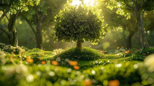 a tree on a stump with the sun shining through the leaves