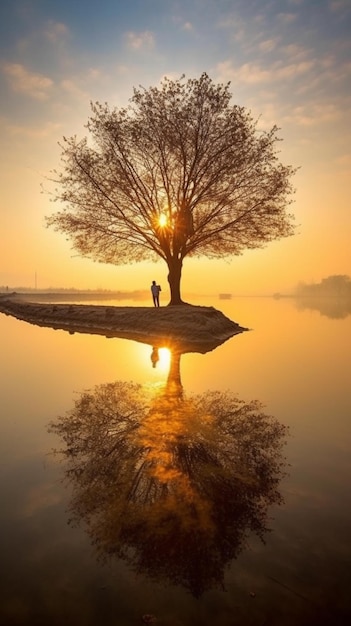 A tree and the sun are reflected in the water.