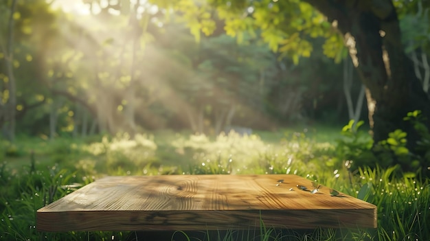 Tree Table wood Podium in farm display for food perfume and other products on nature Generative AI