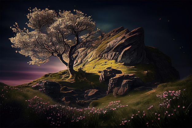 tree on top of a hill fantasy background