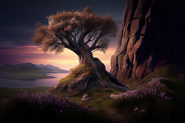 tree on top of a hill fantasy background