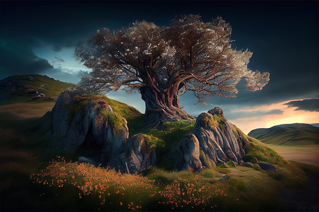 tree on top of a hill fantasy background