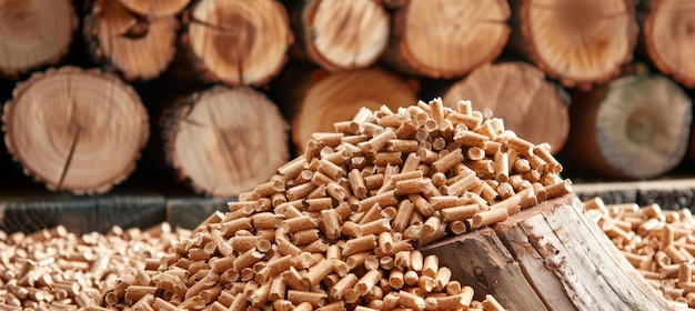 Photo tree trunk close up with wood pellet in foreground symbolizing transformation from tree to pellet