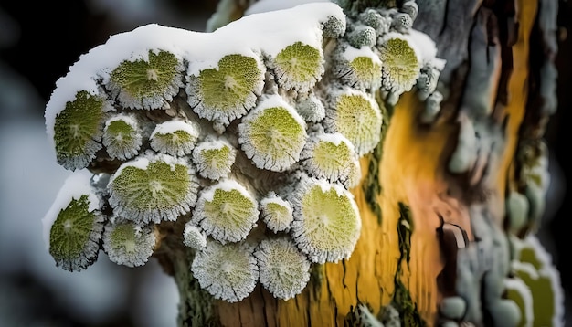 A tree trunk covered in snow with a few mushrooms on it.