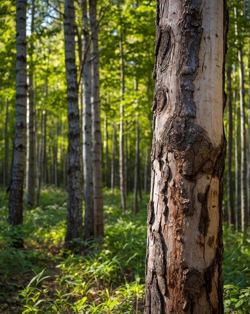 Photo a tree trunk in the forest with a forest of trees in the background