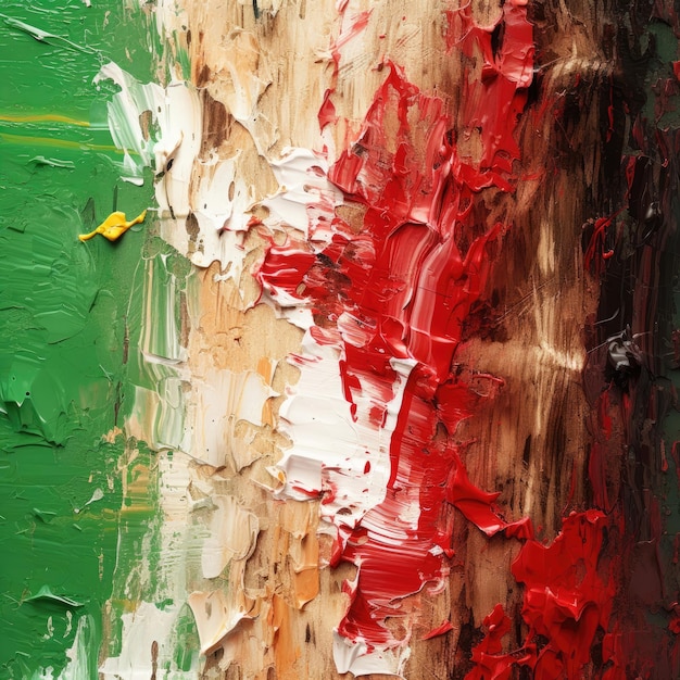 The tree trunk has red and green paint closeup Generative AI