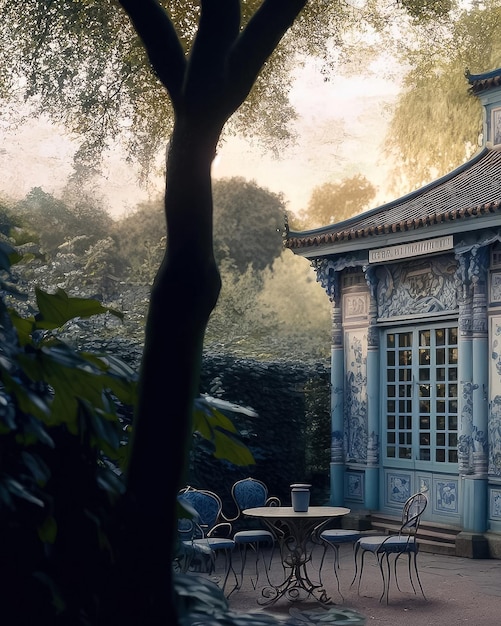 A tree trunk is in the foreground of a building with the name of the chinese garden on it.