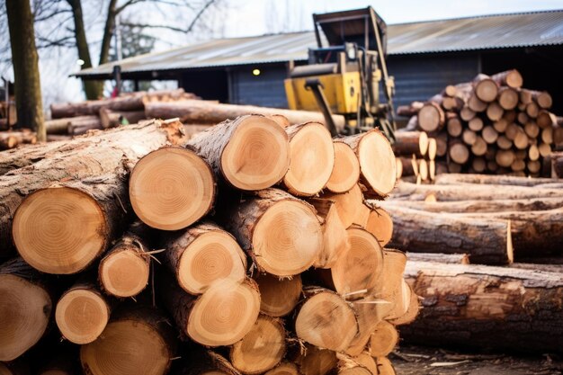 Tree trunk sections piled at a sawmill