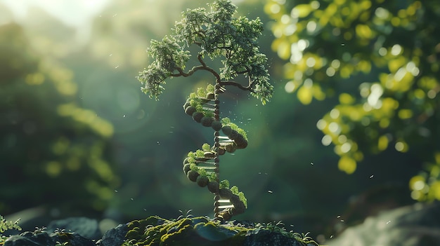 Photo a tree trunk that resembles a dna strand with green leaves