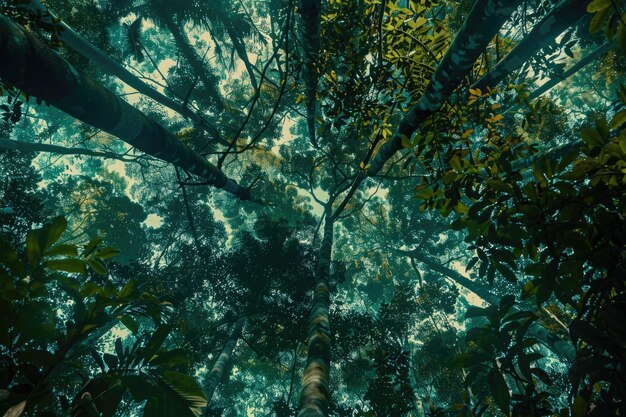 Photo a tree trunk viewed from the bottom up surrounded by forest floor and foliage