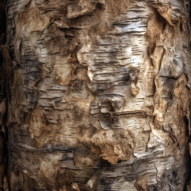 A tree trunk with the bark peeling off and the bark is almost completely stripped.