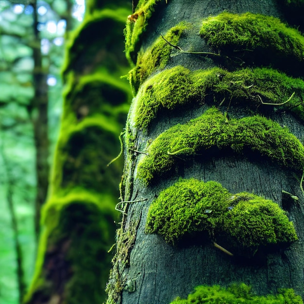 Tree trunk with bright moss in forest