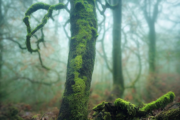 Tree trunk with green moss and blurred forest