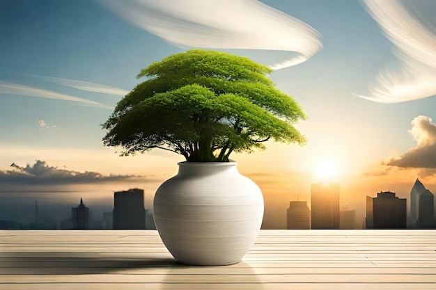 A tree in a vase with a city in the background