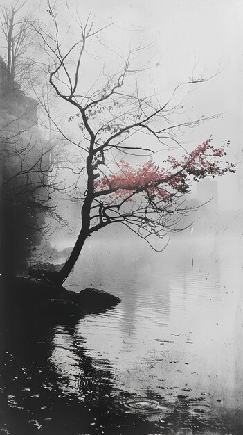 Photo a tree in the water with a pink flower on it