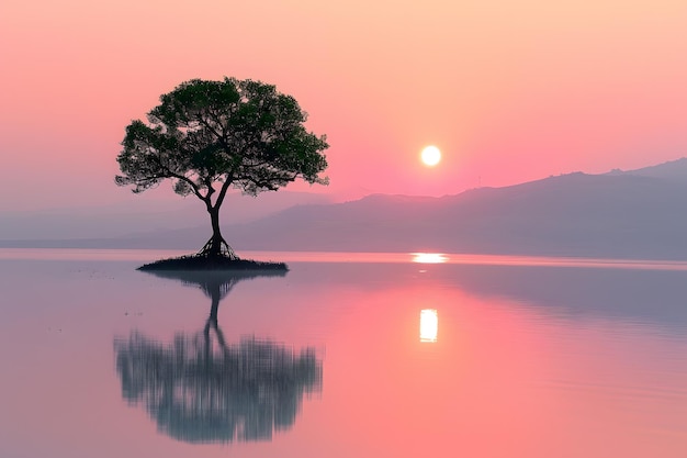 a tree in the water with a pink sunset in the background