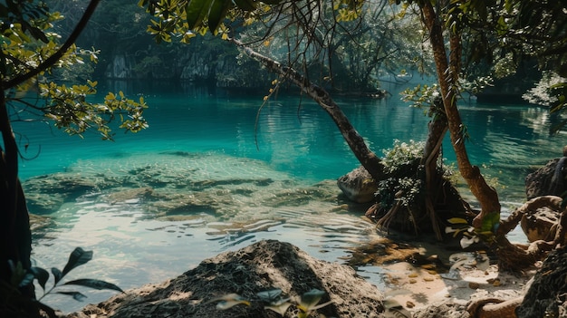 a tree in the water with a tree in the foreground