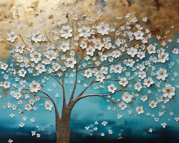 tree white flowers blue background gold silver tones metal textures cherry blossom trees wooden