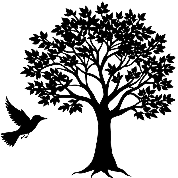 a tree with a bird flying in the sky