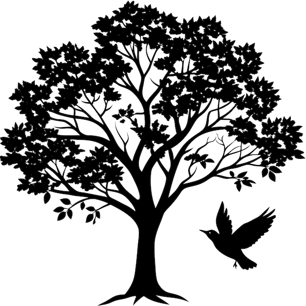 a tree with a bird flying in the sky