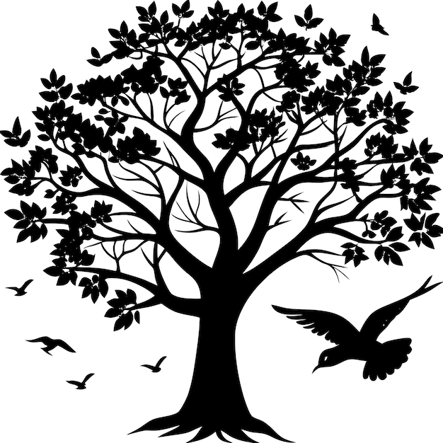 a tree with a bird flying in the sky