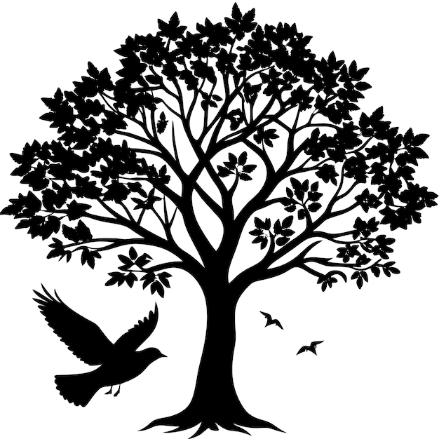 a tree with a bird flying in the sky